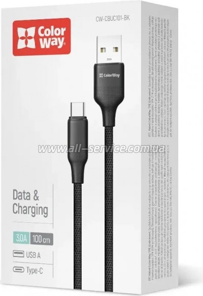 ���� ������ USB 2.0 AM to USB-C 1.0m 3A TPE embossed black ColorWay (CW-CBUC101-BK)