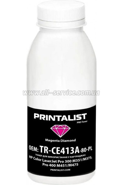 Тонер PRINTALIST HP CLJ Pro 300 M351/ M375/ Pro 400 M451/ M475 бутль 80г Magenta (TR-CE413A-80-PL) Тонер PRINTALIST HP CLJ Pro 300 M351/ M375/ Pro 400 M451/ M475 бутль 80г Magenta (TR-CE413A-80-PL)