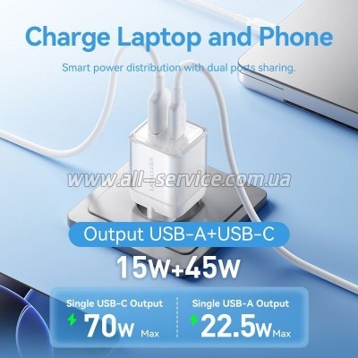 �������� ������� Vention 1xUSB-C PD70W + 1xUSB QC3.0 22.5W GaN transparent gray (FCGH0-EU)