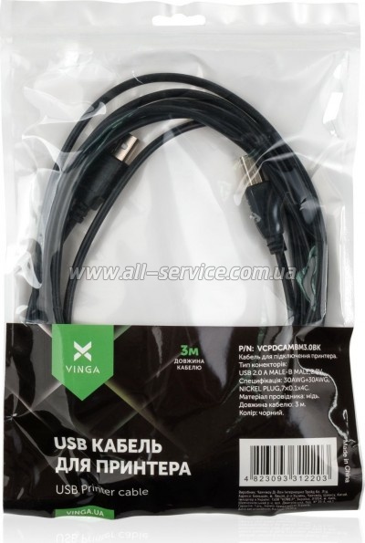 ������ ��� �������� Vinga USB 2.0 AM/ BM 3� (VCPDCAMBM3.0BK)