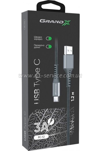 ���� ������ USB 2.0 AM to USB-C 1.2m Grey Grand-X (FC-12G)