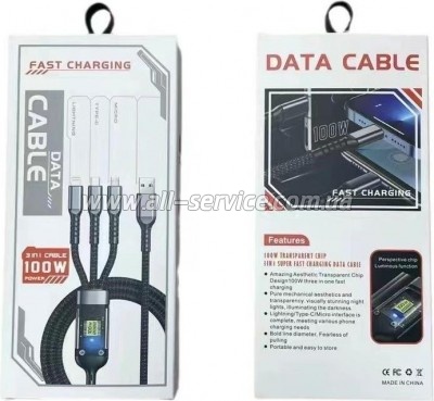 ���� ������ USB 2.0 AM to Lightning + Micro 5P + USB-C 1.2m 100W nylon black XoKo (SC-3100)