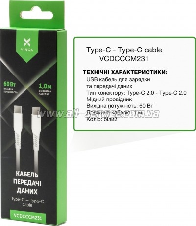 ���� ������ Vinga USB-C to USB-C 1.0m 60W TPE (VCDCCCM231)