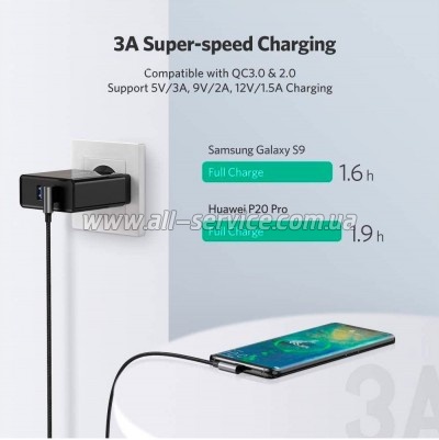 ���� ������ USB 2.0 AM to USB-C 3.0m 3A 90� corner US176 black Ugreen (70875)