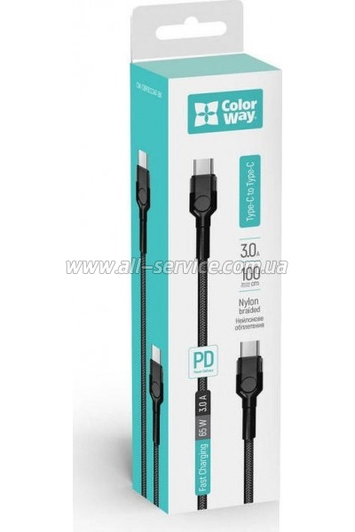 ���� ������ ColorWay USB-C to USB-C 1.0m 3.0A black (CW-CBPDCC047-BK)
