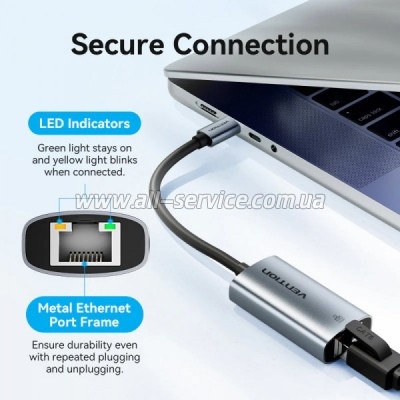 ������� USB-C to RJ45 Ethernet 1000Mbps black Vention (CFPHB)