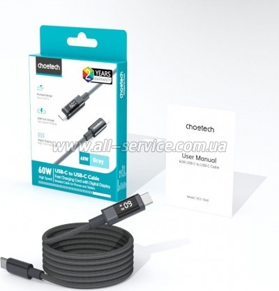 ���� ������ USB-C to USB-C 1.2m PD60W digital display nylon gray Choetech (XCC-1068-GY)