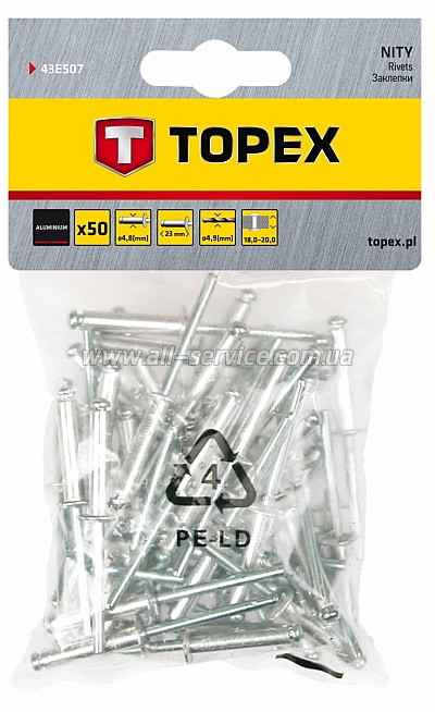 Заклепка алюминиевая TOPEX, 4.8 мм x 23 мм, 50 шт. (43E507) Заклепка алюминиевая TOPEX, 4.8 мм x 23 мм, 50 шт. (43E507)