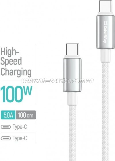 ���� ������ USB-C to USB-C 1.0m 5A 100W zinc alloy braided white ColorWay (CW-CBPDCC098-WT)