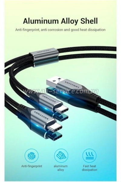 ���� ������ USB 2.0 AM to 2�USB-C M 1.0m 2.4� 480Mbps Aluminum Vention (CQOHF)