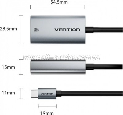 ������� USB-C to RJ45 Ethernet 1000Mbps black Vention (CFPHB)