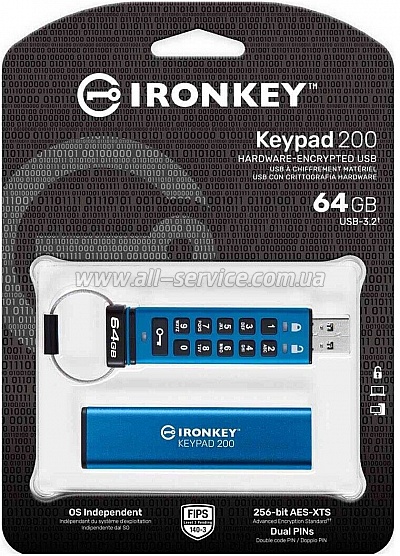  Kingston 64GB IronKey Keypad 200 AES-256 Encrypted Blue USB 3.2 (IKKP200/64GB)
