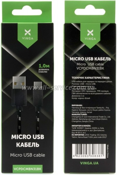 ���� ������ USB 2.0 AM to Micro 5P 2color nylon 1m black Vinga (VCPDCMBN31BK)