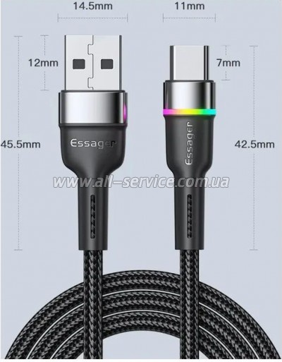 ���� ������ USB 2.0 AM to USB-C 2.0m 3A LED black Essager (EXCT-XCDA01)