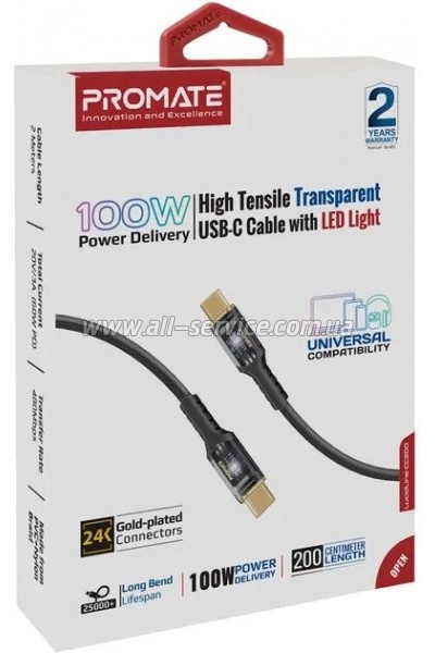 ���� ������ USB-C to USB-C 2.0m Promate (lucidline-cc200.black)