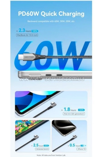 ���� ������ USB-C to USB-C 0.5m USB2.0 60W Gray VENTION (TRAHD)