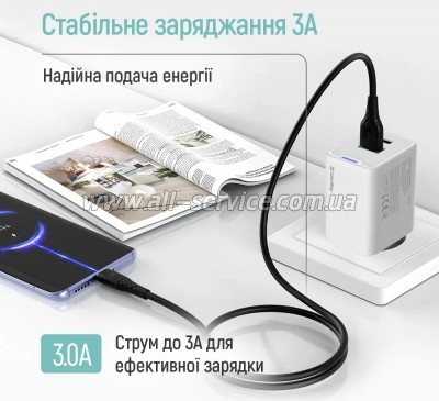 ���� ������ USB 2.0 AM to USB-C 2.0m 3A textured PVC black ColorWay (CW-CBUC095-BK)