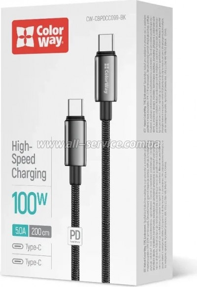 ���� ������ USB-C to USB-C 2.0m 5A 100W zinc alloy braided black ColorWay (CW-CBPDCC099-BK)