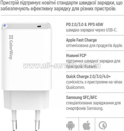�������� ������� ColorWay GaN Mini 45W PD white (CW-CHS057PD-WT)
