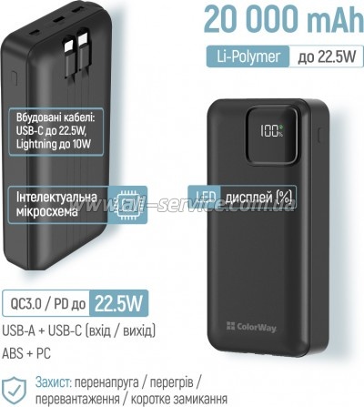 ������� ������������� ColorWay 20000mAh Optimal Power PD 22.5W Black (CW-PB200LPB5BK-PDD)