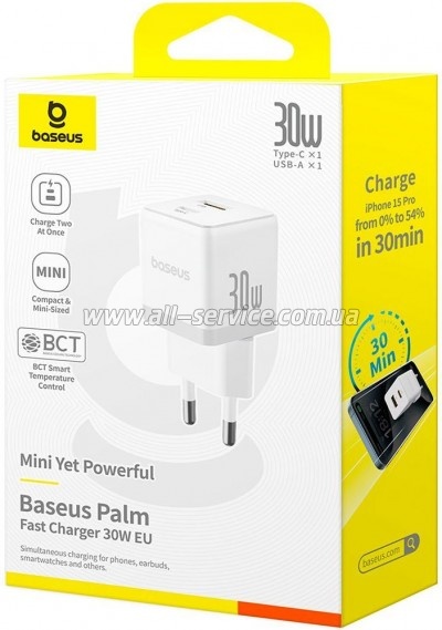 �������� ������� Baseus 1xUSB-C 30W + 1xUSB white (P1011160A213-00)