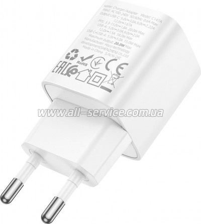 �������� ������� HOCO C147A 1xUSB-C PD20W + 1xUSB QC3.0 White (6942007630276)