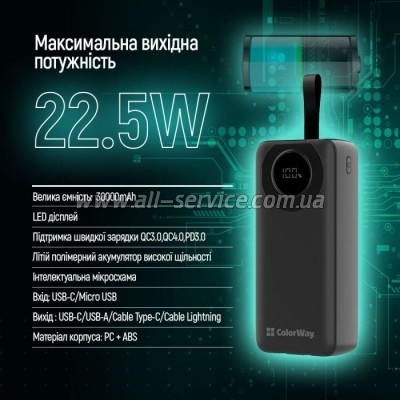   ColorWay 30000 mAh EnergyPlus PD, QC3.0 Black (CW-PB300LPB4BK-PDD)