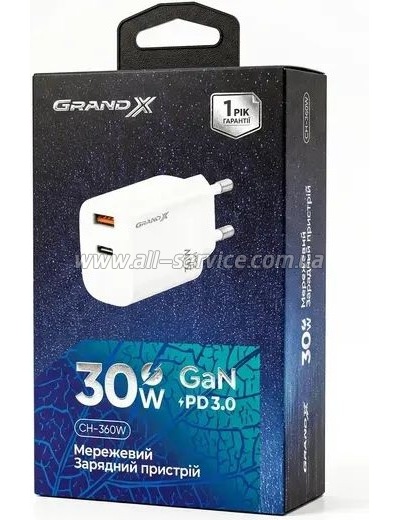 �������� ������� Grand-X GaN 1xUSB-C + 1xUSB QC3.0 36W white (CH-360W)