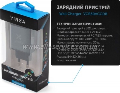 �������� ������� Vinga 2xUSB-C PD 30W + USB-A QC30W Display 30W Max (VCR30ACCDB)