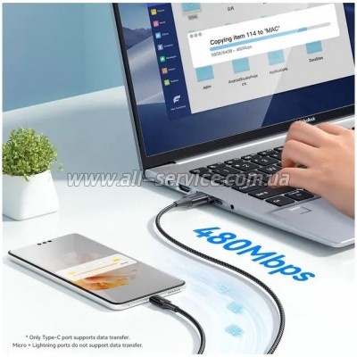 ���� ������ USB 2.0 AM to Lightning + Micro 5P + USB-C 1.2m 100W Essager (EXCMTL-JJ01-P)