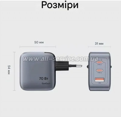 �������� ������� Vention 1xUSB-C PD70W + 1xUSB QC3.0 22.5W GaN + cable USB-C to USB-C 1.0m 5A gray (TZ-FCGH0-EU)