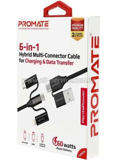 ���� ������ USB 2.0 AM to Lightning + Micro 5P + USB-C black Promate (pentapower.black)
