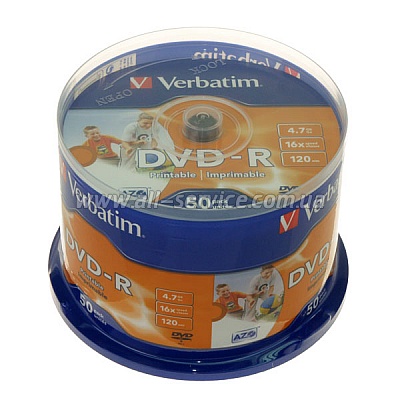  DVD-R Verbatim 4.7Gb 16X CakeBox 50 AZO Wide Inkjet Printable (43533)