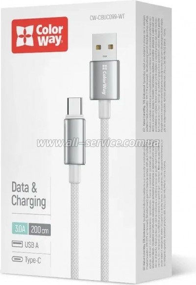 ���� ������ USB 2.0 AM to USB-C 2.0m 3A zinc alloy braided white ColorWay (CW-CBUC099-WT)