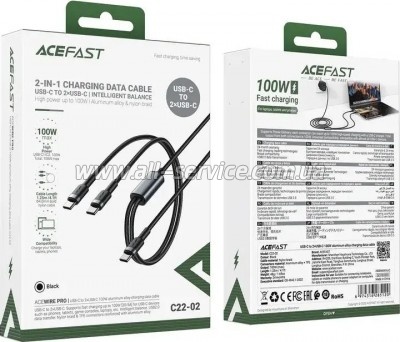 ���� ������ USB-C to 2xUSB-C 1.2m 100W nylon black Acefast (6974316285120)