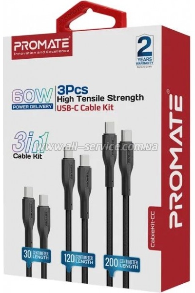 ���� ������ USB-C to USB-C 2.0m Promate (cablekit-cc.black)
