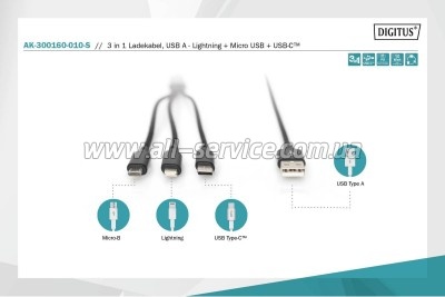 ���� ������ USB 2.0 AM to Lightning + Micro 5P + USB-C 1.0m charge only Digitus (AK-300160-010-S)