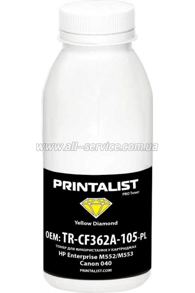 Тонер PRINTALIST HP Enterprise M552/ M553/ Canon 040 бутль 105г Yellow (TR-CF362A-105-PL) Тонер PRINTALIST HP Enterprise M552/ M553/ Canon 040 бутль 105г Yellow (TR-CF362A-105-PL)