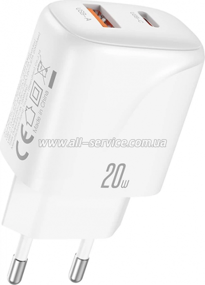 �������� ������� XO 1xUSB-C PD20W + 1xUSB QC3.0 White (L158.white)