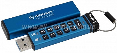  Kingston 64GB IronKey Keypad 200 AES-256 Encrypted Blue USB 3.2 (IKKP200/64GB)