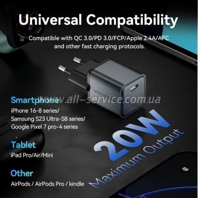 �������� ������� Vention USB-C PD20W GaN gray (FEVH0-EU)