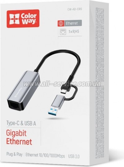 ������� USB-C + USB A to RJ45 Ethernet 1000Mbps ColorWay (CW-AD-CRG)