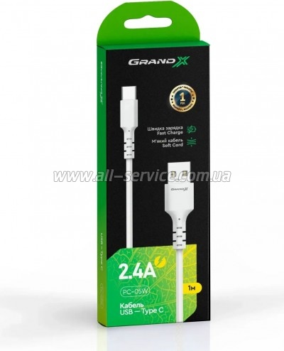 ���� ������ USB 2.0 AM to USB-C 1.0m 3A white Grand-X (PC-05W)