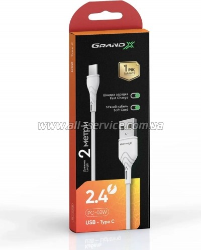 ���� ������ USB 2.0 AM to USB-C 2.0m 2.4A white Grand-X (PC-02W)