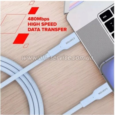 ���� ������ USB-C to USB-C 1.0m OnWire 60CL C-C 60W COLOR Braided 1m White Canyon (CND-CCAP60AB10W)