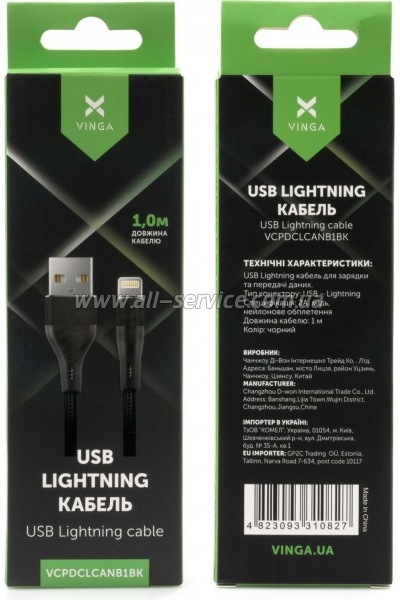 ���� ������ USB 2.0 AM to Lightning 1.0m cylindric nylon back Vinga (VCPDCLCANB1BK)