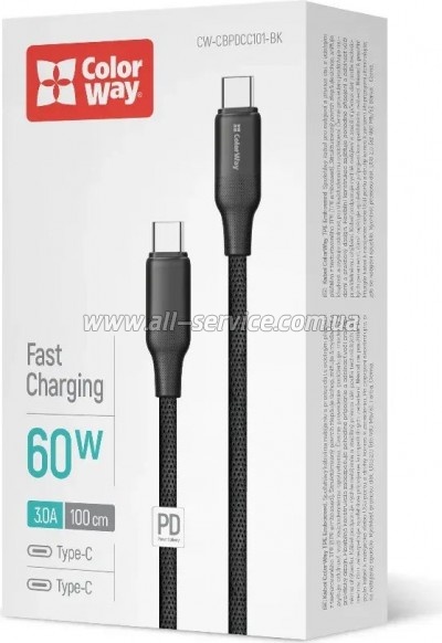 ���� ������ USB-C to USB-C 1.0m 3A 60W TPE embossed black ColorWay (CW-CBPDCC101-BK)