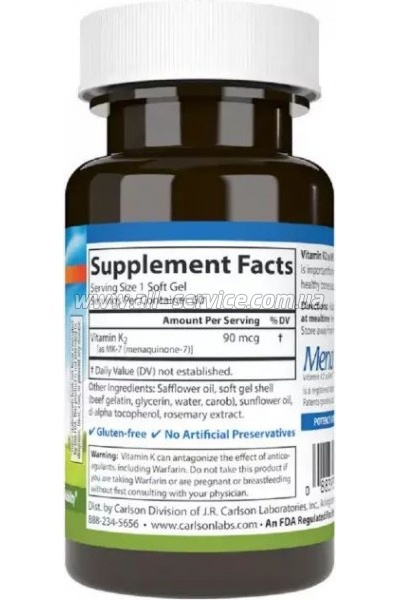  Carlson  K2, MK-7, 90 , Vitamin K2 as MK-7, 60  (CL10710)