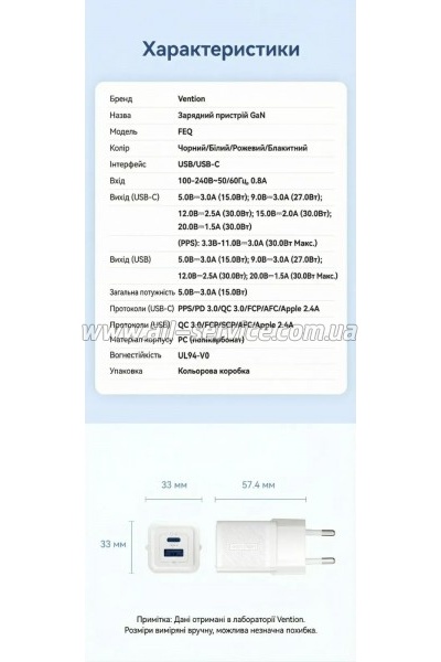 �������� ������� Vention 1xUSB-C PD30W + 1xUSB QC3.0 30W GaN white (FEQW0-EU)