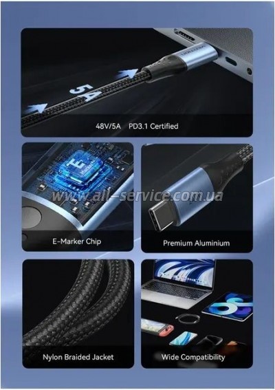 ���� ������ USB-C to USB-C 1.5m 240W aluminum black Vention (TREBG)